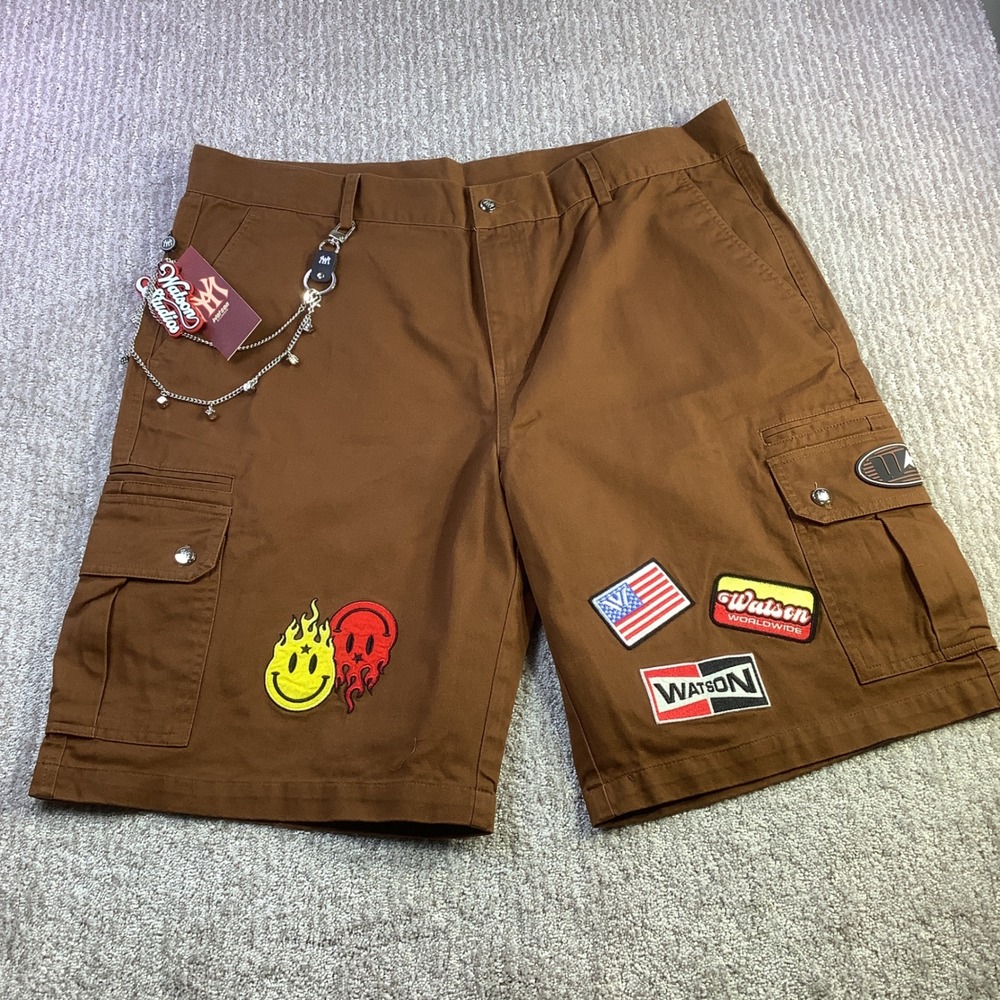 Watson Studios Mens Multi Patch Work Shorts Brown Cargo Dice Chain Size 40 NWT